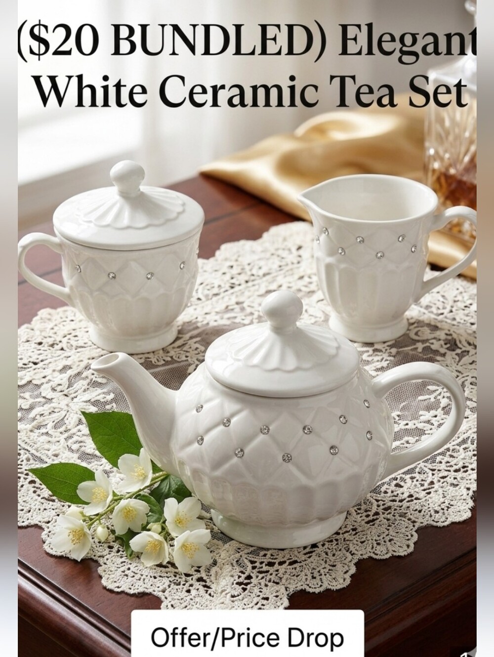 ($25 BUNDLED)Elegant White Ceramic Tea Set with Rhinestone Accents